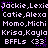 Pixelated text displays repeated names and symbols in light purple on black background with scattered purple dots
