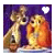 Two golden figures in orange robes stand against a purple background with one figure holding a white heart and the other a blue heart.