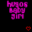 Pixelated text 'hugos baby gim' in bright pink on black background with red heart symbols below.