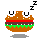 Pixelated burger-shaped character with eyes and a mouth, showing four sequential states: sleeping (zzz), holding blue bubble, exploding into star shape, returning to neutral.