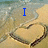 Beach scene with heart-shaped sand drawing; blue text changes from 'I' to 'Love' then 'Date' over time.