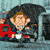 Pixelated cartoon character with brown hair and blue eyes holds a white cup, seated in a red chair with dark armrests against a light blue background.