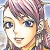 Pixelated close-up of a character with light skin, blue eyes, and brown hair styled in a high ponytail with pink highlights, wearing a dark top with blue and yellow accents.