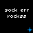 Pixelated text 'sock err rockss' repeated across a black background with blue star-like symbols animating in sequence.