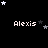 Black background with white pixelated text 'Alexis' repeated across three , surrounded by scattered white and gray stars in various sizes
