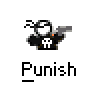 Pixel art character with white mask and black outfit holding a gun, firing with orange muzzle flash, under 'Punish' text on gray background.