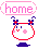 A 4-frame pixel art animation of a cartoon character with pink cheeks, red outline, and blue bow-like ears, each frame showing the character in different poses with a speech bubble containing 'home' text above it.