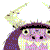 Pixelated cartoon character with purple body, white beard, and yellow horns in three poses showing head tilt variations.