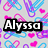 Pixelated image with repeating paperclip and heart pattern background, overlaid with four text blocks reading 'Alyssa loves her friends' in white font with black outlines.