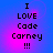 Pixelated text reads "I LOVE Code Carney !!!" on a blue-to-magenta gradient background with subtle circular patterns.