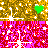 Pixelated image with horizontal color bands: gold top, red/pink middle split into two sections, blue bottom; scattered white plus signs and colored hearts.
