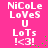 Pixelated text on bright pink background with green dots, repeating 'NiCoLe LoVeS U LoTs !<3!' in white block letters across two identical vertical sections.
