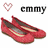 Two identical pixelated red shoes with beige accents appear below text reading 'emmy' flanked by hearts, one light pink and one dark red.