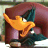 Animated Looney Tunes character Daffy Duck in four sequential frames showing running motion with orange beak and body, dark blue head feathers, maroon background, white eyes with black pupils, gray feet, and visible pixelation artifacts.
