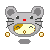 Pixelated hamster-like character with gray ears, black eyes, red nose, and brown-and-white face, holding golden orbs in both hands against a gray background.