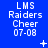 Blue background with repeated white text 'LMS Raiders Cheer 07-08' and small white symbols like plus signs, stars, and dots scattered across the image.