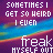 Pixelated text on a purple and blue gradient background with rainbow stripes, showing two versions of the phrase 'SOMETIMES I GET SO WEIRD I EVEN freak MYSELF OUT'.