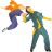 Two pixelated figures in dynamic poses: one in orange top and blue pants, the other in teal and yellow outfit, against gray background.