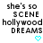 identical pixelated text blocks reading "she's so SCENE hollywood DREAMS" with cyan heart symbols below each block on a white background