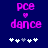 Pixelated pink text 'pce' above a heart symbol and 'dance', with white plus signs below on dark blue background.