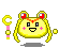Pixel art character with yellow face, red hair accessories, pink cheeks, and a pink-and-yellow crescent staff, shown in four variations with different expressions and star effects.