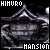 Pixelated black-and-white image of a triangular-roofed building with text 'HIMURO' above and 'MANSION' below, rendered in low-resolution digital style.