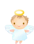 Four pixelated angel figures with golden halos, light blue dresses, and white wings arranged in a on gray background