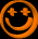 Orange circular icon with smiling face and plus eyes, transitioning from side view to front view then rotating clockwise.