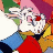 Pixelated static icon of a cartoon character with white face, red nose, and colorful background elements including green, pink, purple, blue, yellow, orange, and red shapes.