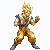 Pixelated character in golden martial arts uniform with blue accents performing sequential combat poses against white background.