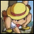 Pixelated character with yellow hat and red stripe, light skin, brown hair, white shirt, red tie, yellow shoes, holding hands near face against blue sky and green ground.