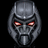 Pixelated gray robotic head with glowing red eyes against black background, featuring angular helmet and smooth facial surface.