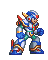 Six pixel-art character poses in blue, silver, and green armor with red accents on a gray background.
