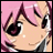 Pixelated anime-style character with pink hair and large dark eyes, next to stylized text on a black background.