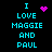 Pixelated cyan text on black background reads "I LOVE MAGGIE AND PAUL" with pink heart and dot animations.