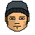 Pixel art avatar with dark beanie, light brown skin, and small facial marks; mouth changes from closed to bubblegum-popping expression while headphones appear on head.