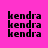 A static image with four identical of the word 'kendra' in black pixelated text on a bright pink background, each partially overlaid by yellow horizontal bars