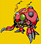 Red mechanical creature with green eye and smoke, on yellow background; animation shows head turning left to right.