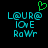 Pixelated cyan text 'LOURE' with '@' symbols, 'IOVE', and 'RoWR' on black background; green heart symbol above left text.