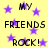 Yellow background with purple stars and repeated black text reading "MY FRIENDS ROCK!" in a pattern