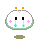Pixelated cartoon character with white rounded body, black eyes, pink plus signs on cheeks, orange antennae, and green base; animation shows one eye's tear extending downward.