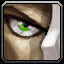 Pixelated close-up of a human eye with brown skin tone, dark eyelashes, and a green iris reflecting light.