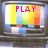 Four television sets display test patterns with pink text reading PLAY or RADIO on their screens.