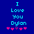 Blue background with cyan text reading "I Love You Dylan" and five pink heart symbols below, where the third heart shifts from purple to pink between frames.