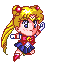 Pixel art character with blonde pigtails, red hair accessories, blue eyes, and a sailor-style outfit in various poses.
