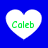Four white heart-shaped icons with green text "Caleb" on a solid blue background, arranged in a