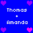 Blue background with white text 'Thomas + Amanda' repeated in four quadrants, surrounded by pink and purple pixelated hearts.
