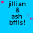 Blue background with repeated text 'jillian & ash bffls!' and scattered pink and light blue stars, showing animation changes in star positions.