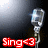 A silver microphone with a blue highlight on the top, positioned against a dark gradient background with red text reading 'sing<3' at the bottom left.