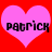 Two pink hearts on red background with black text 'PATRICK' inside each heart, pixelated rendering.